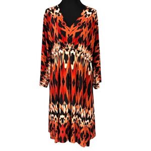 Soma V Neck Long Sleeve Flowy Printed Midi Dress Women's Large Orange Black